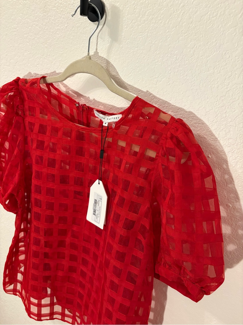 NWT English Factory Puff Sleeve Sheer Plaid Blouse - Picture 3 of 4